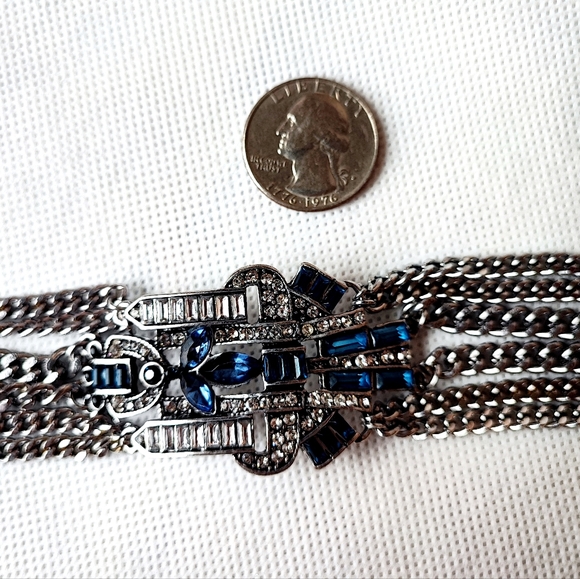 Silver Tone 6 Strand Chain Sapphire Blue Rhinestone Reproduction Bracelet - Picture 5 of 6
